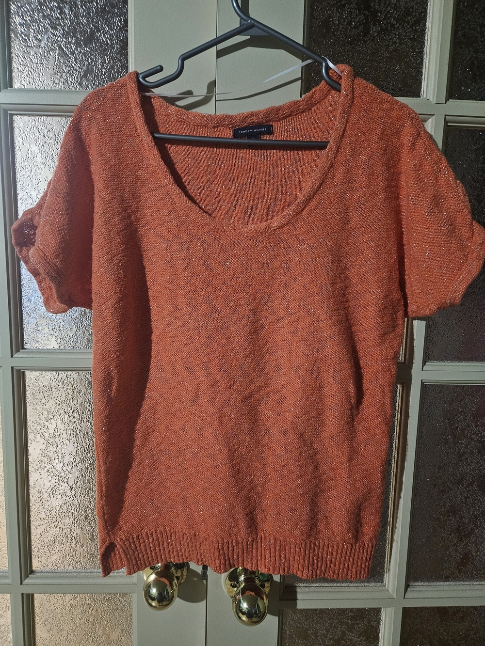 Orange Knit Short Sleeve Sweater - Scoop Neck